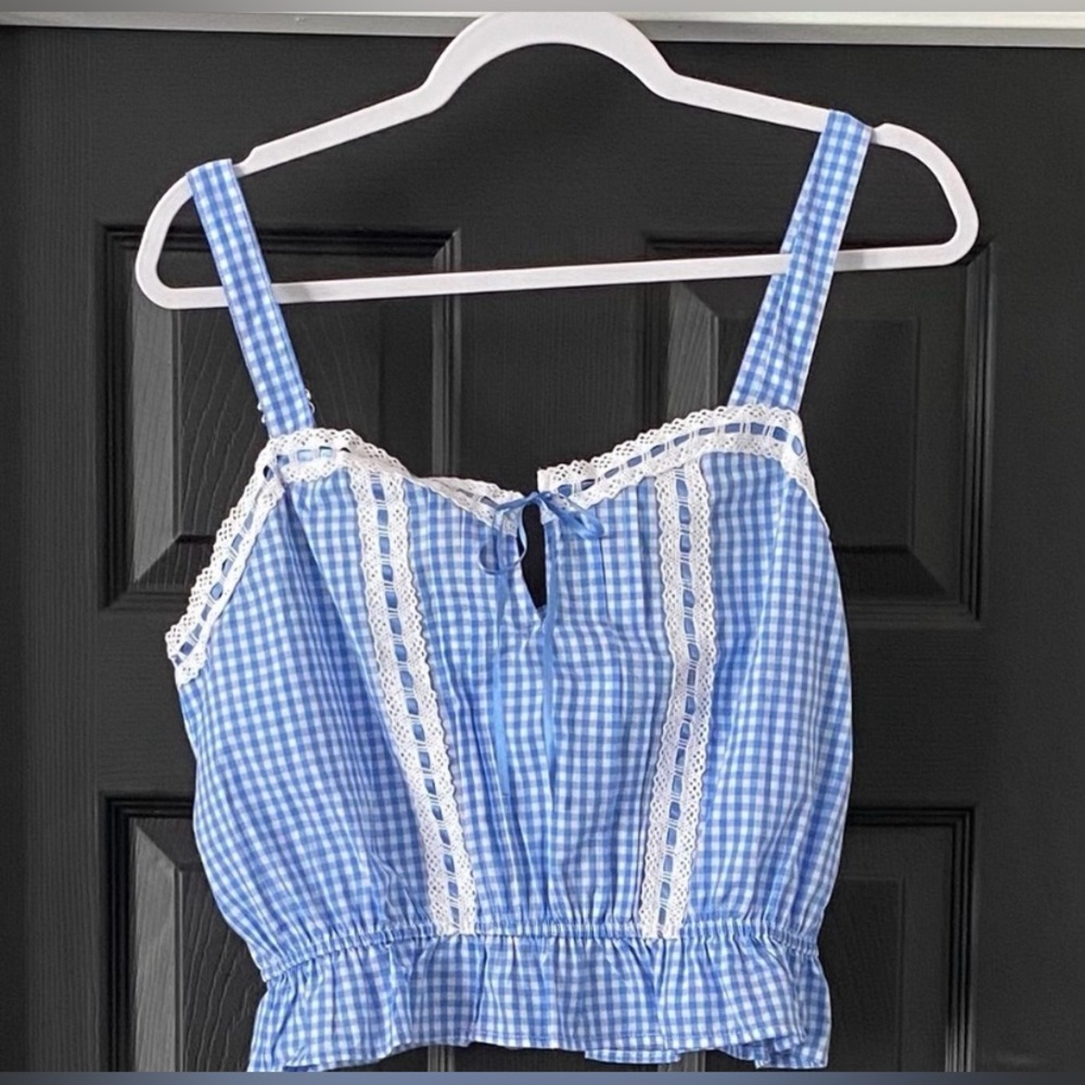 NWT Self Esteem Blue Gingham Lace Trim Women's halter Top size medium